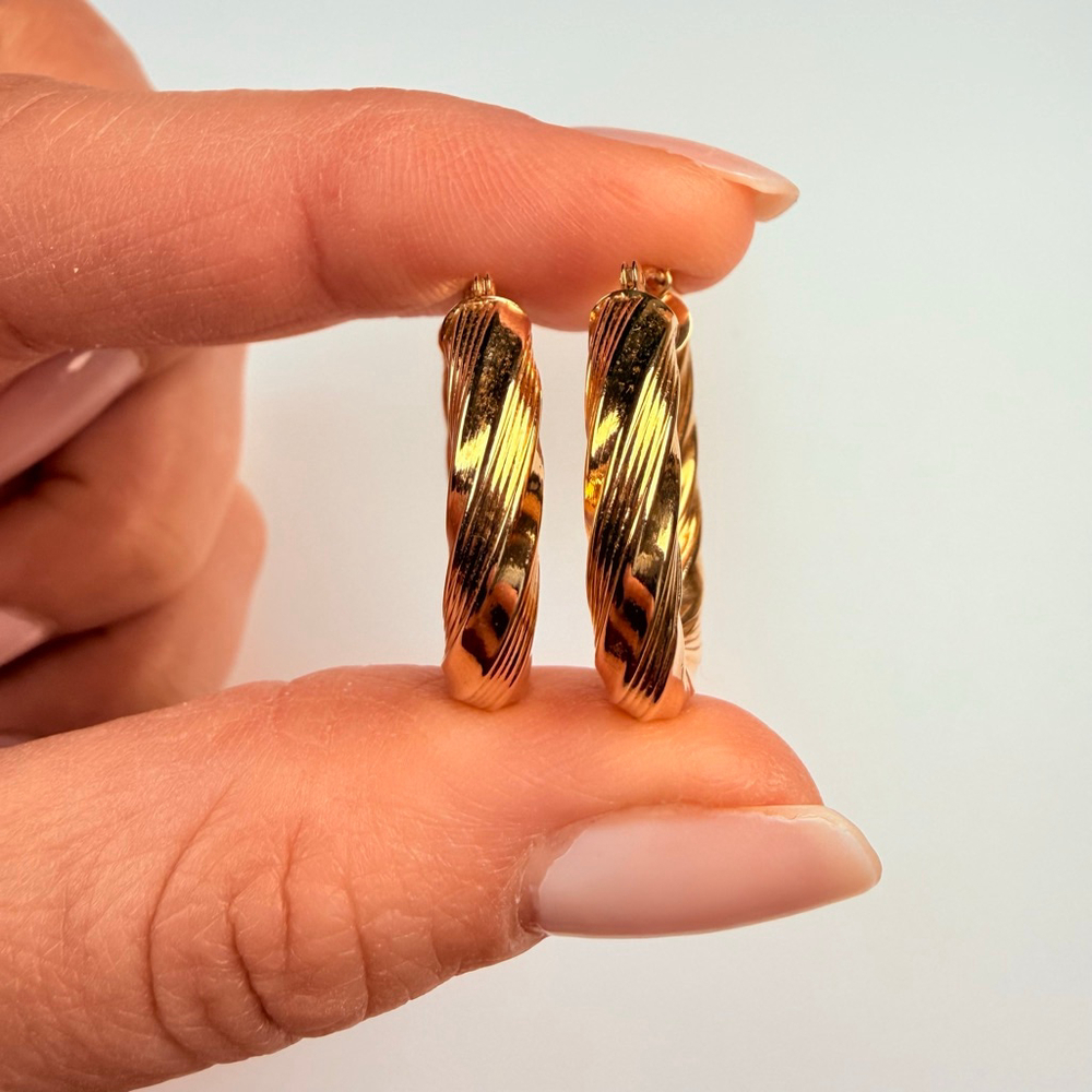 14K Solid Yellow Gold Jacmel Mauritius 24MM Twist Textured Hoop Earrings JCM - Picture 3 of 8